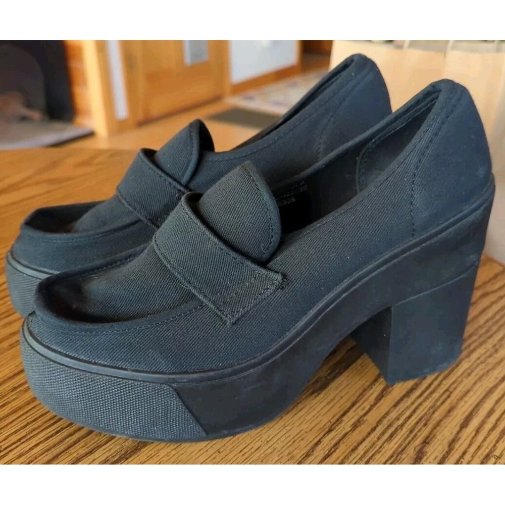 Vintage Topshop Shoes Womens US 8 Black Canvas 4.5" Block Heel 2" Platform Italy